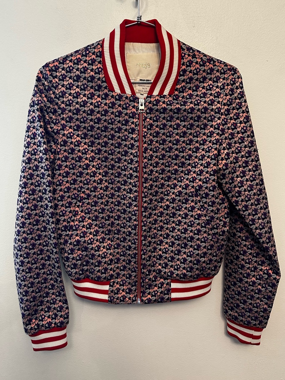 Maje Navy and Pink Patterned Bomber Worn in Mean Girls Broadway Play